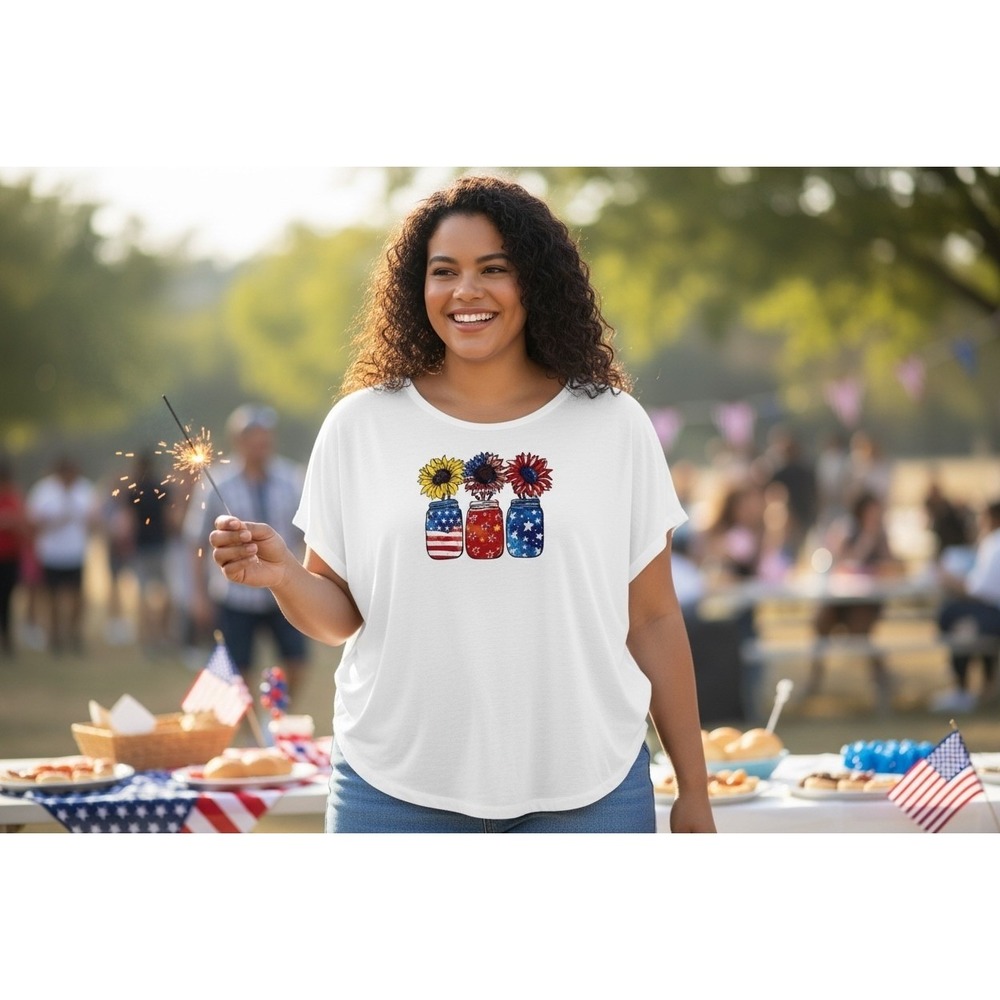 Flag 1X Kiwi Fresh Women's Patriotic Sunflower T-Shirt USA Flag Mason Jar Design